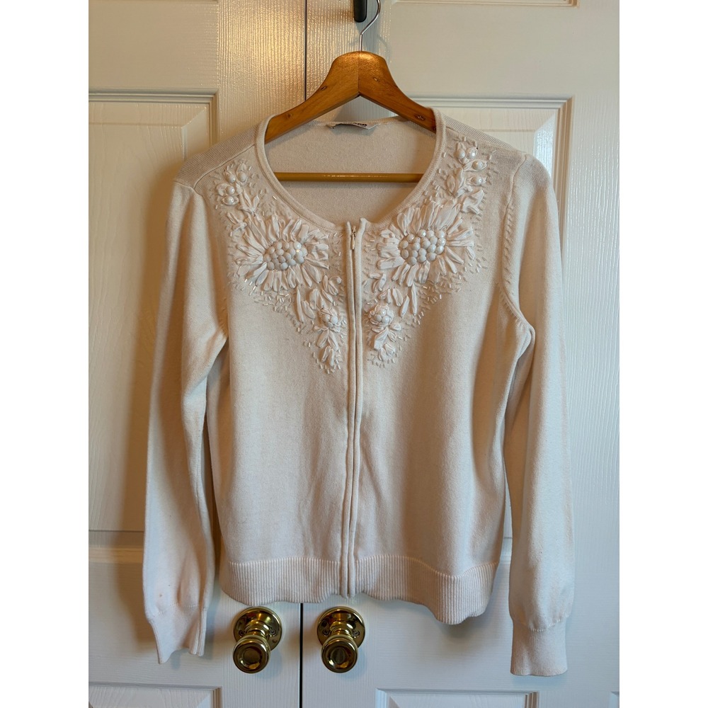 Vintage 80s Nygard Collection Beaded Floral Zip Front Cardigan Cream White